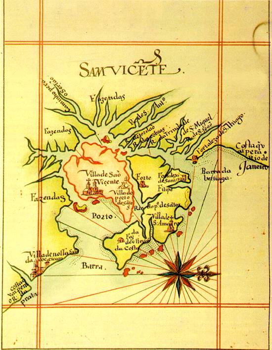Reprodução de mapa do fim do século XVI, citando a Vila do Porto de Santos
